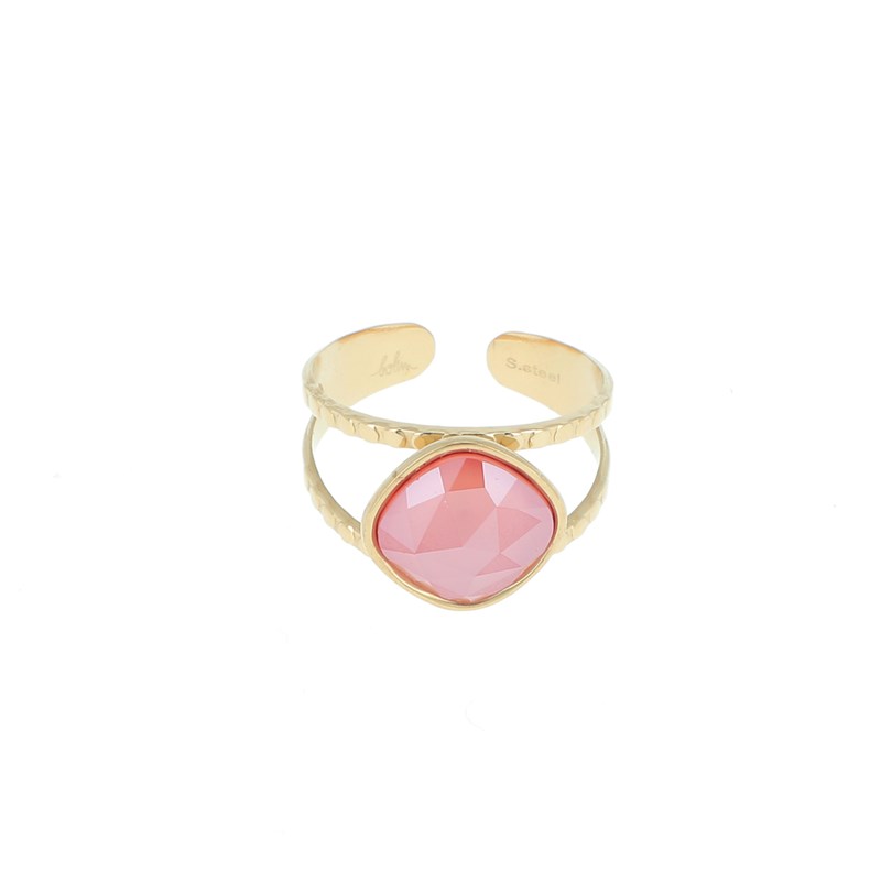 Bague ajustable en acier dorée ornée d'une pierre crystal corail