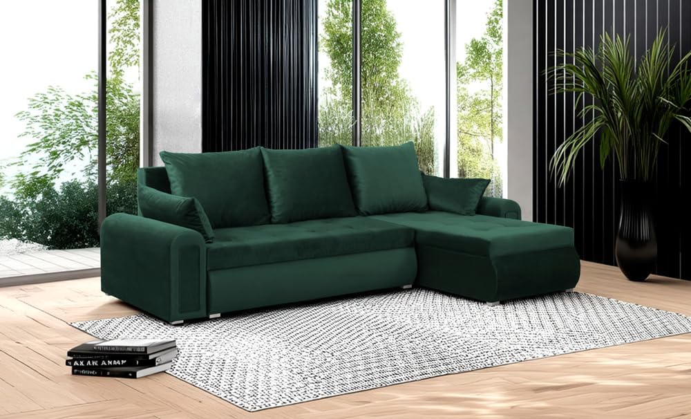 Forli Ecksofa mit Schlaffunktion und Bettkasten – Couch L-Form 232 x 143 x 80 cm in Grün, Basic Stoff, modernes Sofa mit Stauraum und komfortabler Liegefläche