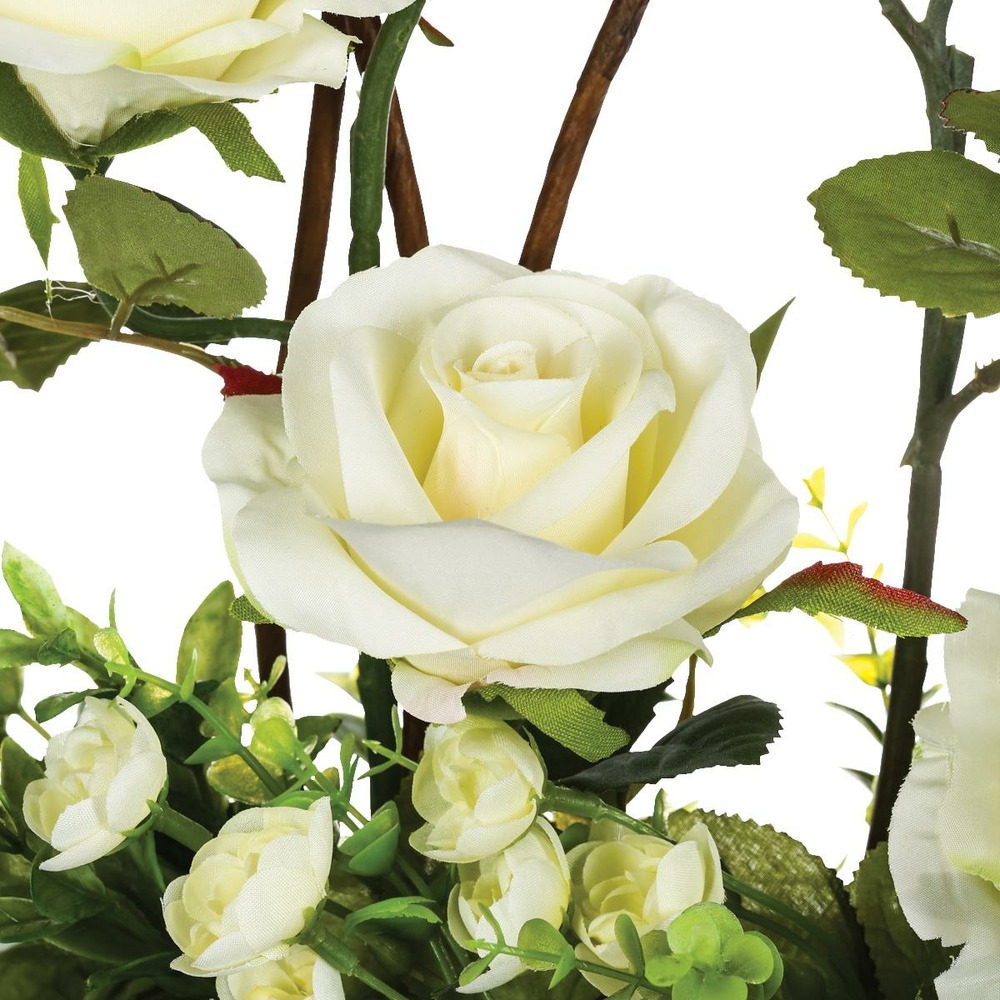 Composition florale artificielle roses dans une coupelle en céramique l 32 x h 35 cm