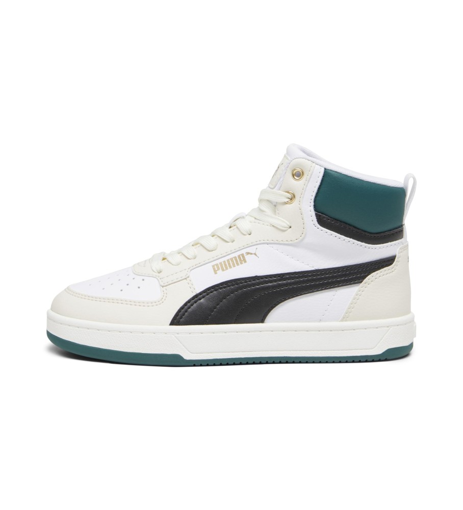 Tênis Puma Caven 2.0 Mid, branco e verde.