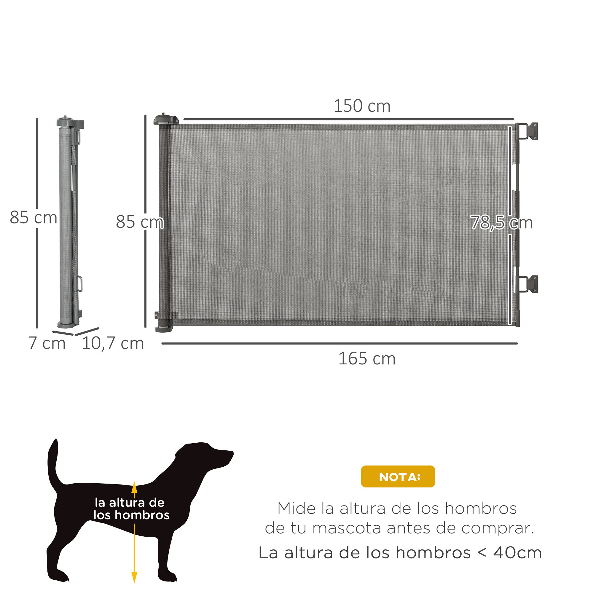 Portão retrátil extensível PawHut de 0 a 150 cm para cães e gatos, barreira para escadas e corredores, liga de alumínio, 165 x 10,7 x 85 cm, cinza.