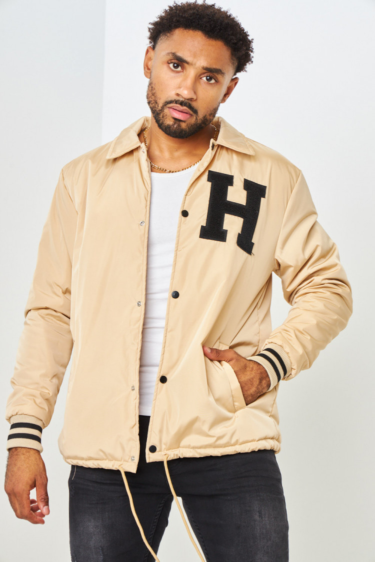 Veste beige foncé à col rabat brodée 