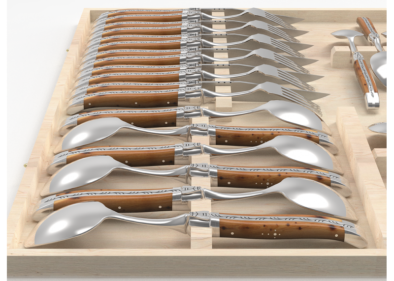 Service Laguiole de 24 pièces avec un manche en bois de genévrier et mitres en acier inoxydable