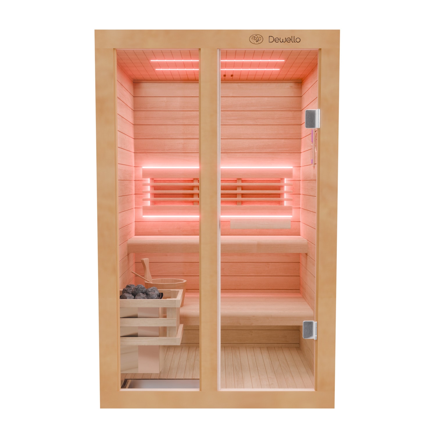 Dewello Finnische Sauna TOFINO 120x140 Kabine aus Hemlock Tannenholz mit 3,5 kW Harvia Ofen, inkl Sauna Set