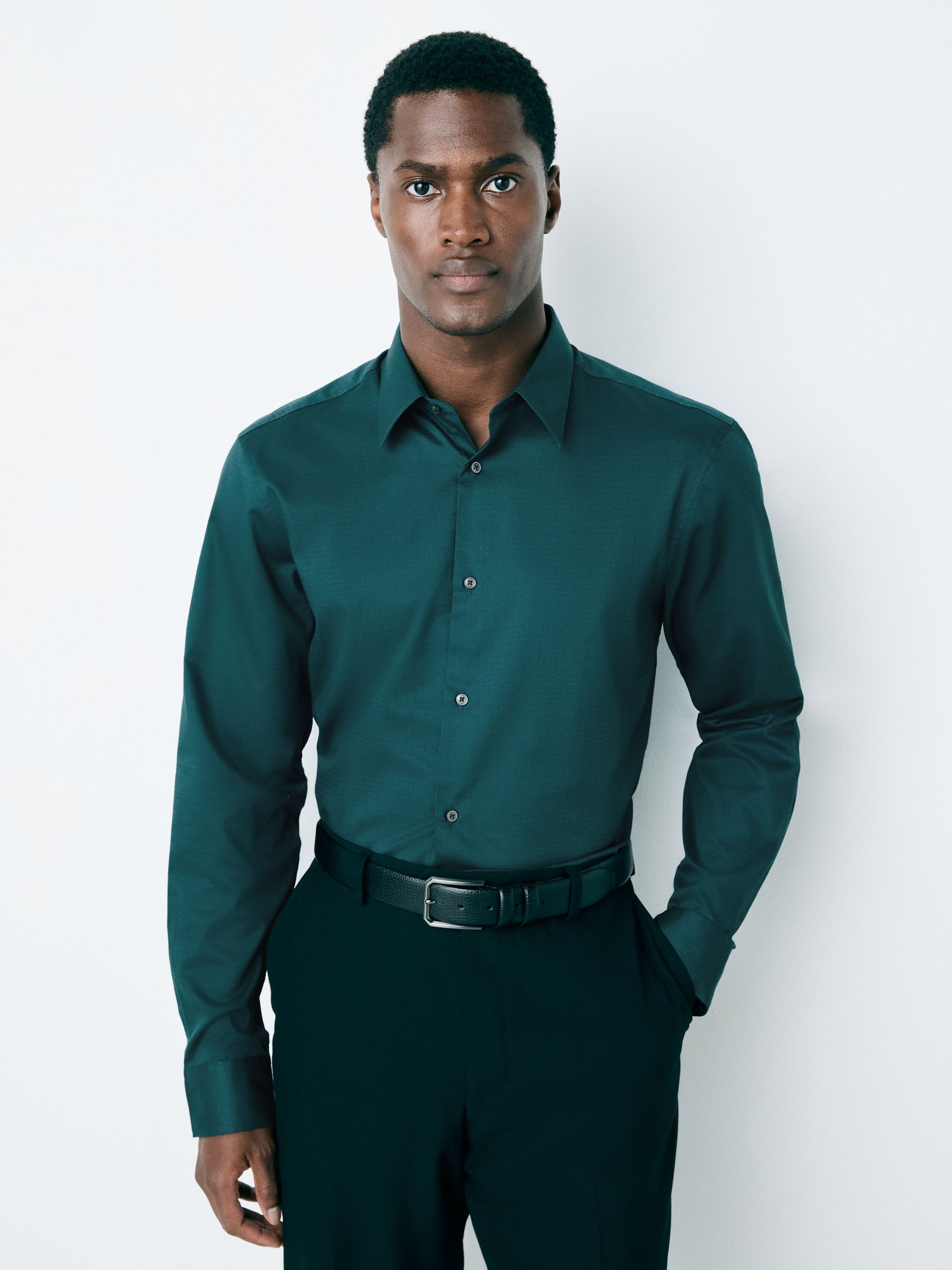 Blauwgroen - Normale Pasvorm - Onderhoudsvriendelijk, getextureerd, slim fit overhemd met enkele manchet