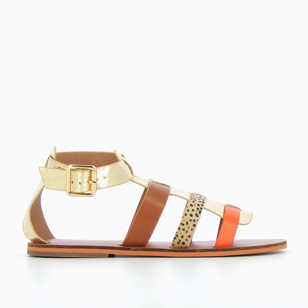 Sandales plates-Spartiates Laurine or et camel à bride orange