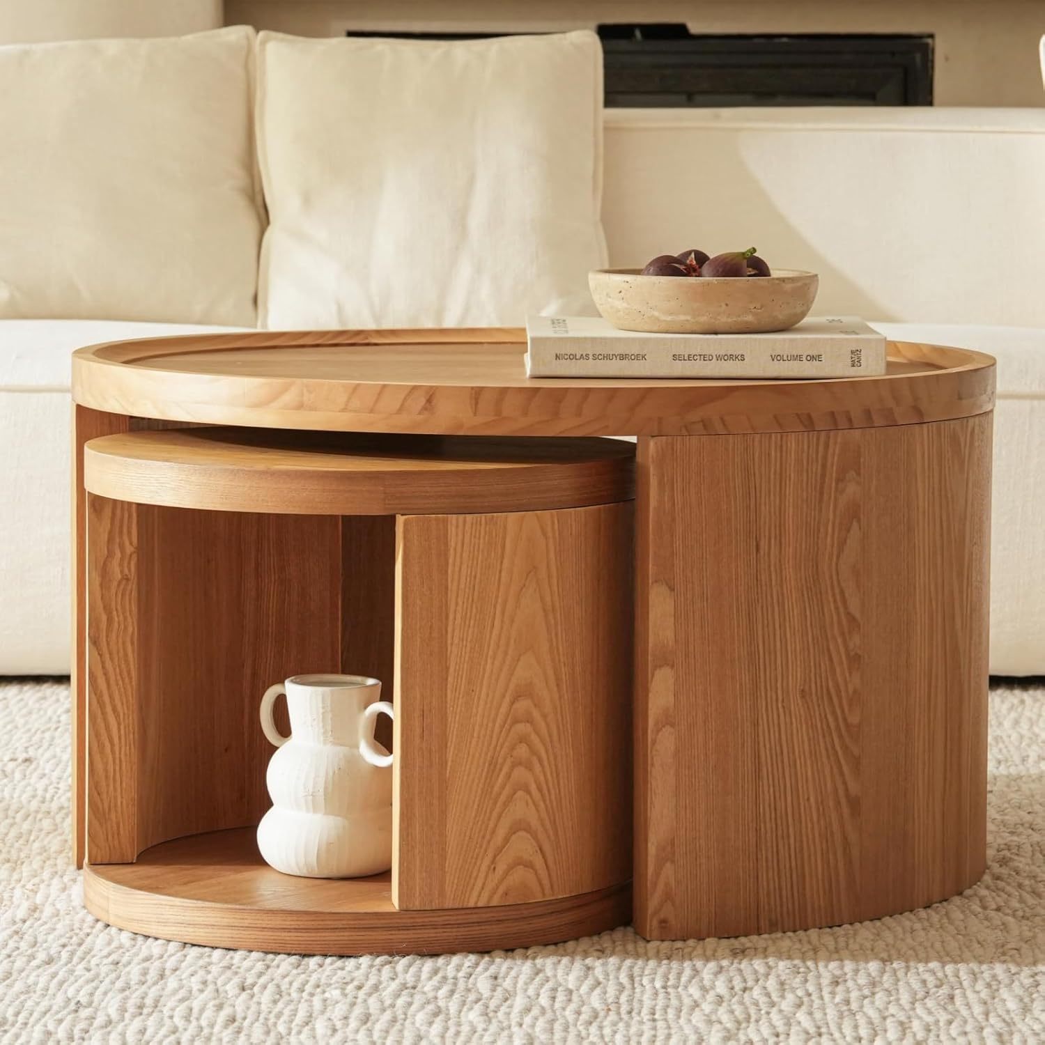 Couchtisch Rund 2er Set,Runder Couchtisch Holz,Wohnzimmertisch Rund Modern,Kaffeetisch Set aus Holz,Couchtisch Rund mit Stauraum,Sofatisch & Beistelltisch für Wohnzimmer,Ø80+Ø46 cm,Natur