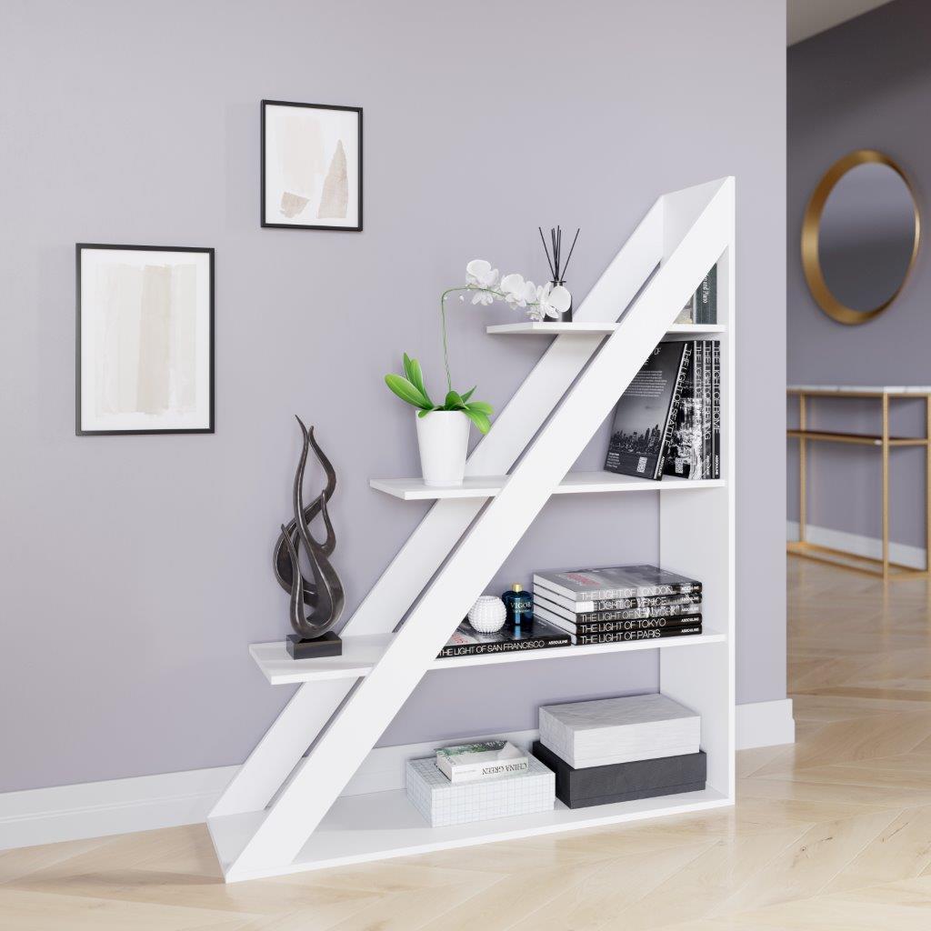 Kairo - Bücherregal, Raumteiler, Büroregal mit 4 Böden, einseitig schräg, weiss