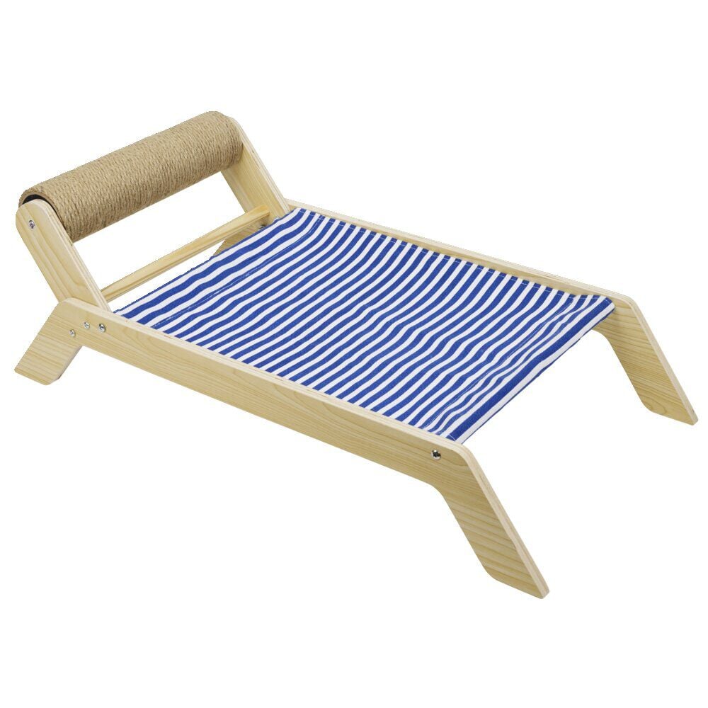 Lit pour chat bois et jute beige bleu et blanc 58xH20x31cm