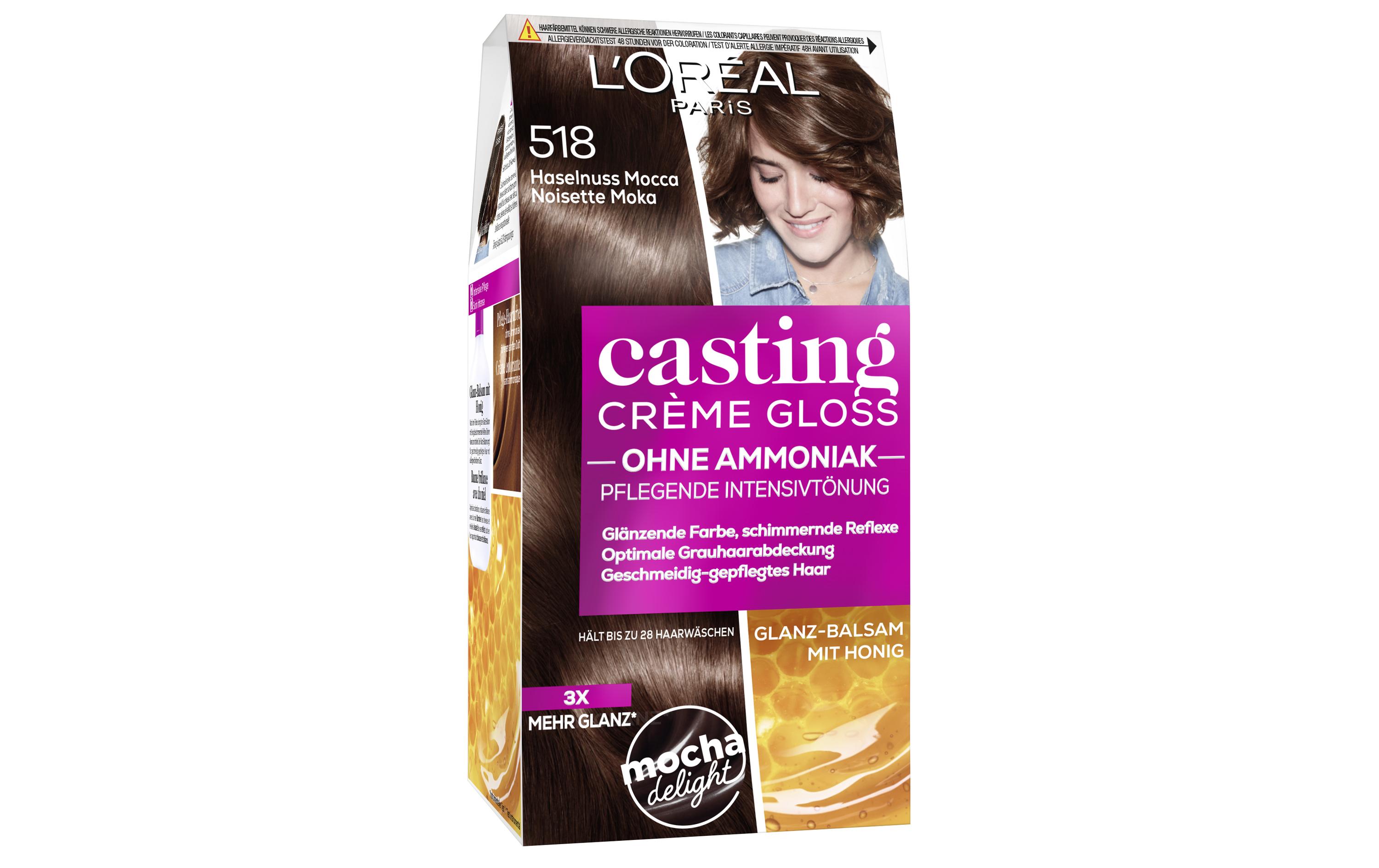 Haarcoloration Casting Creme Gloss 518 Haselnuss MoccaHochwertige Coloration für glänzende Farbreflexe und gepflegtes Haar
