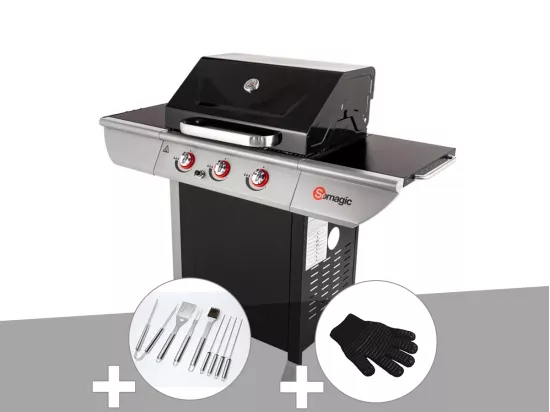Barbecue à gaz avec chariot 3 brûleurs Manhattan 300S - Somagic + Malette de 8 accessoires inox + Gant de protection
