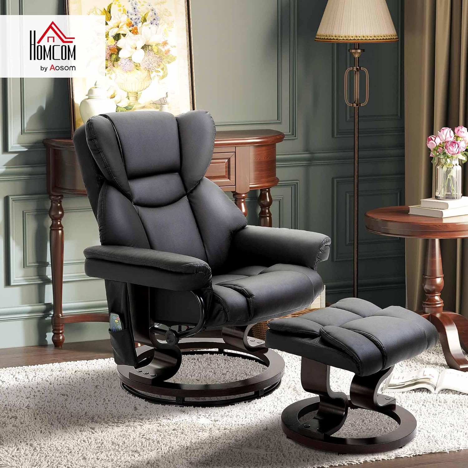 HOMCOM Relaxsessel mit Hocker, 360°drehbarer Fernsehsessel mit Massage, Liegefunktion, Massagesessel mit Seitentasche, Liegesessel, Kunstleder für Wohnzimmer Schwarz
