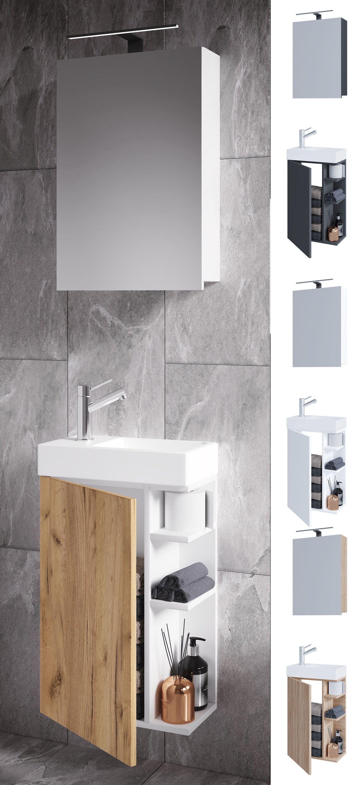 VCM 3-tlg Badmöbel Set Gäste WC Gästebad Waschplatz Waschtisch klein schmal Lumia Spiegelschrank