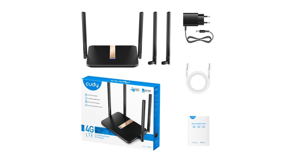 CudyAC1200 Wi-Fi Mesh 4G LTE Cat4 mesh router  (Zwart, Cudy Mesh, Cudy App, nano SIM-slot)
