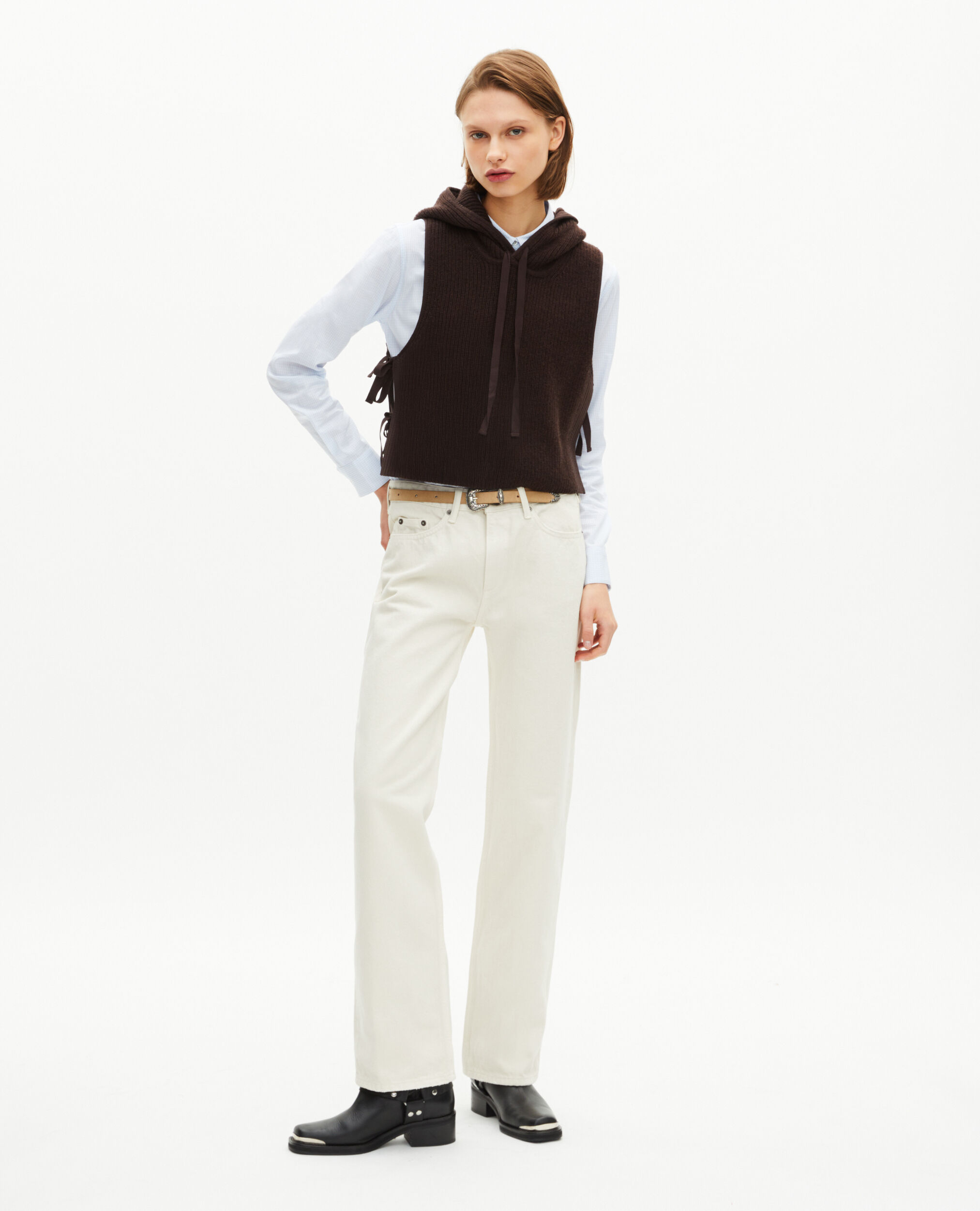 Pull sans manches en laine et coton marron