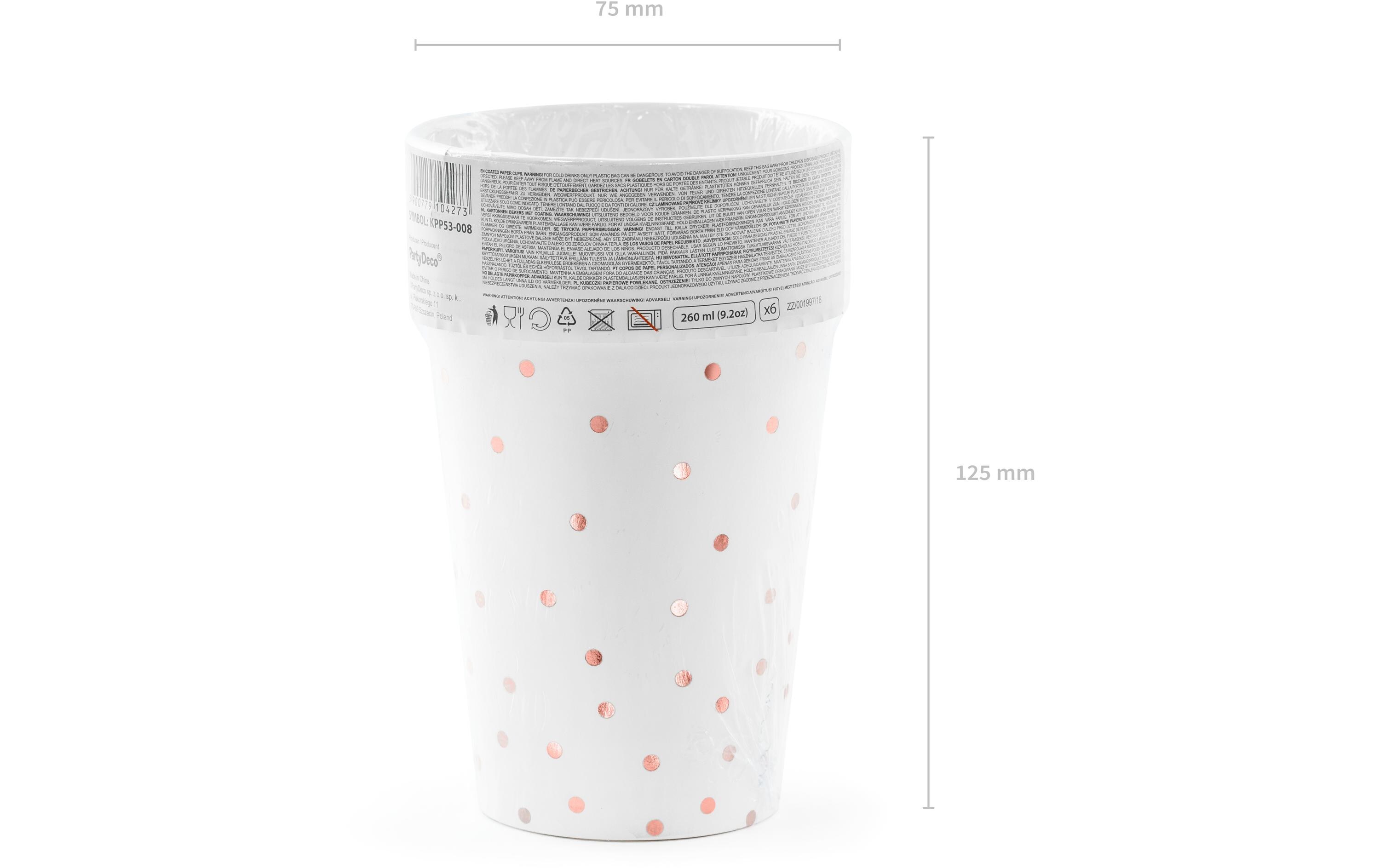 Einwegbecher Punkte 260 ml, 6 Stück, Rosegold/WeissPappbecher für Partys
