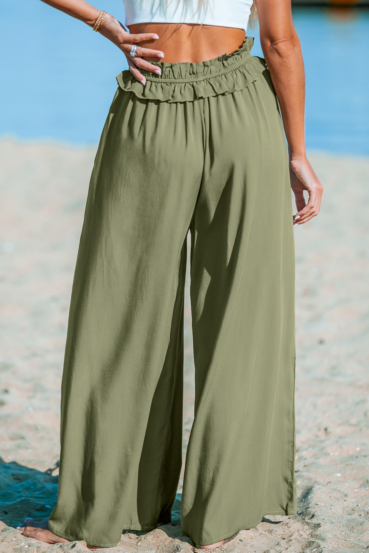 Pantalon large taille froncée olive