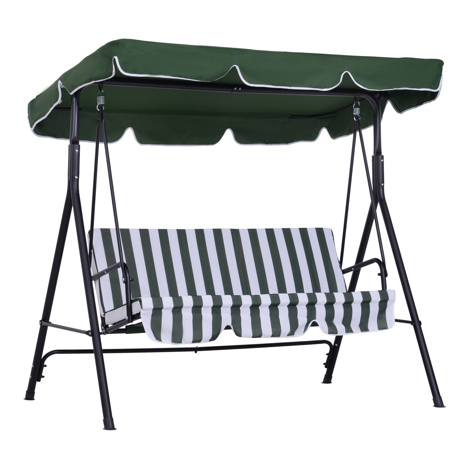 Cadeira de balanço de jardim Outsunny de 3 lugares com cobertura, teto impermeável com ângulo ajustável para pátio externo, varanda, carga máxima de 200 kg, aço, 172x110x153 cm, verde