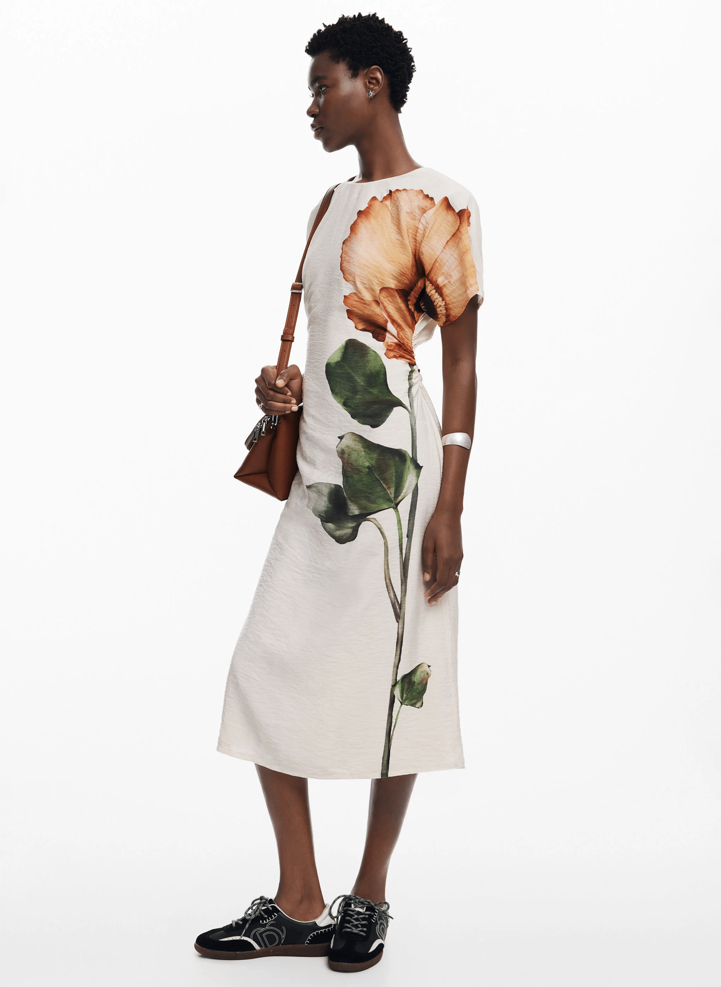 Robe midi imprimée à fleur | Marron