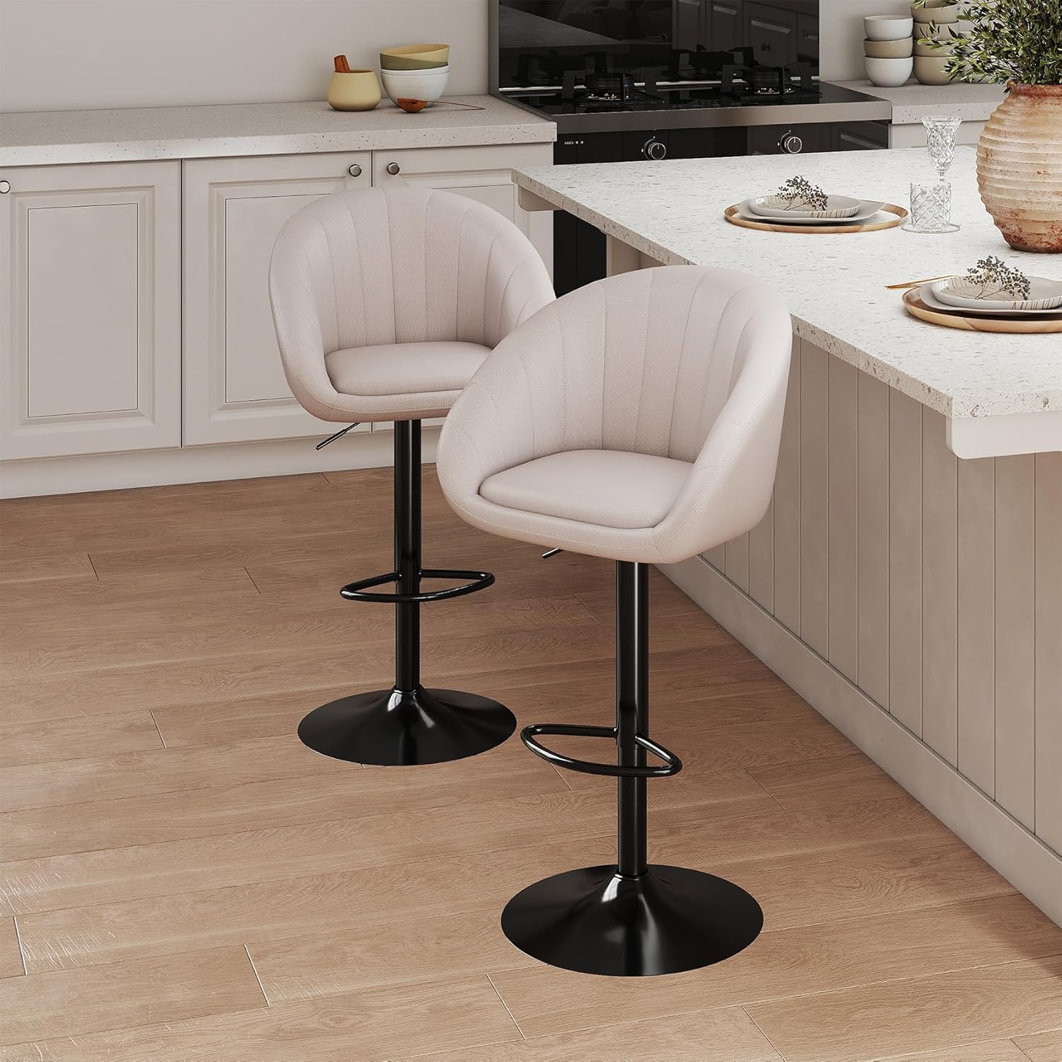 Youhauchair Barhocker 2er Set, Höhenverstellbar, Atmungsaktives und Schmutzabweisendes Leinengewebe, Mit Lehne und Fußstütze, Beige