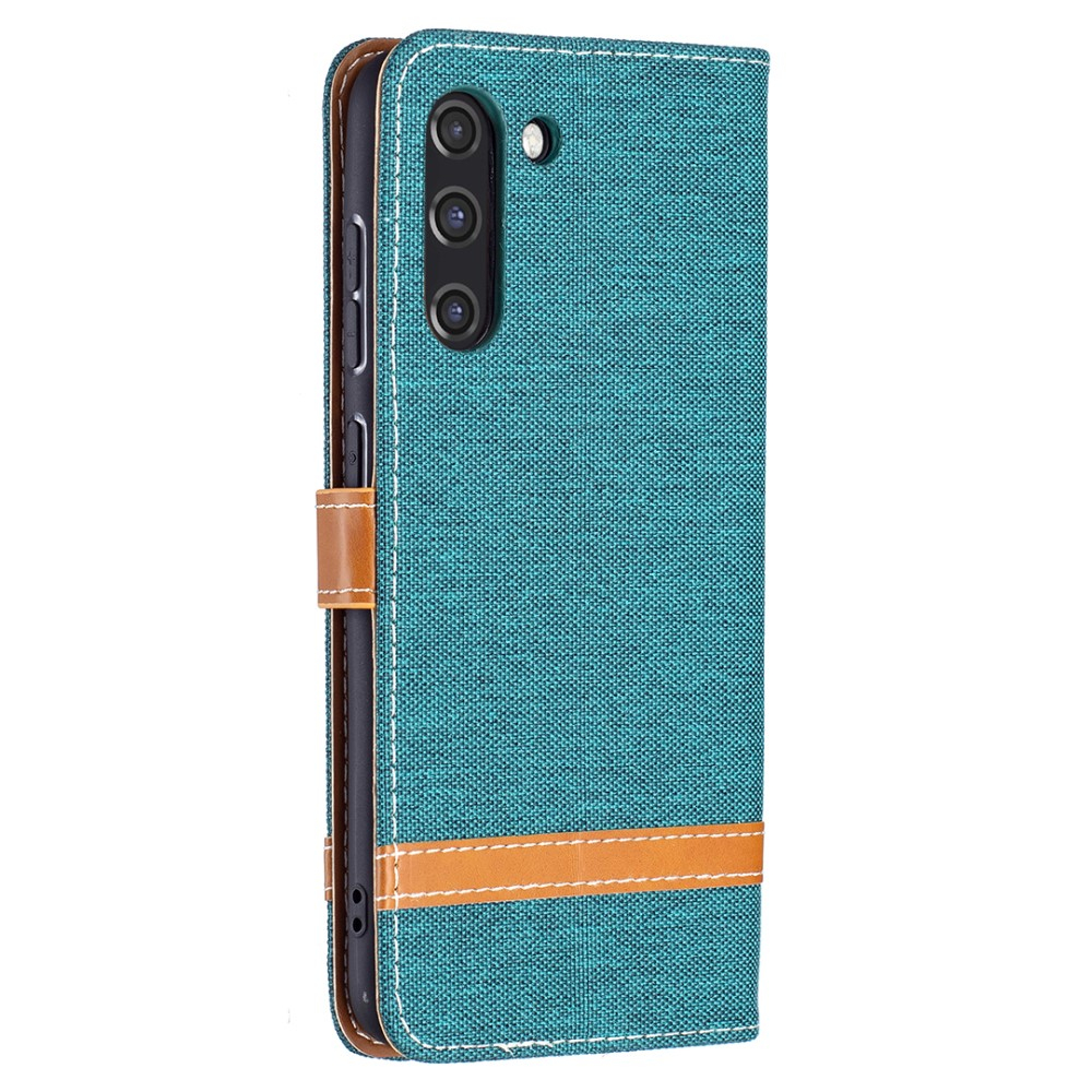 Samsung Galaxy S21 FE 5G Stoff Tasche im Jeans Look mit Kartenfach   Magnetverschluss - Grün / Braun