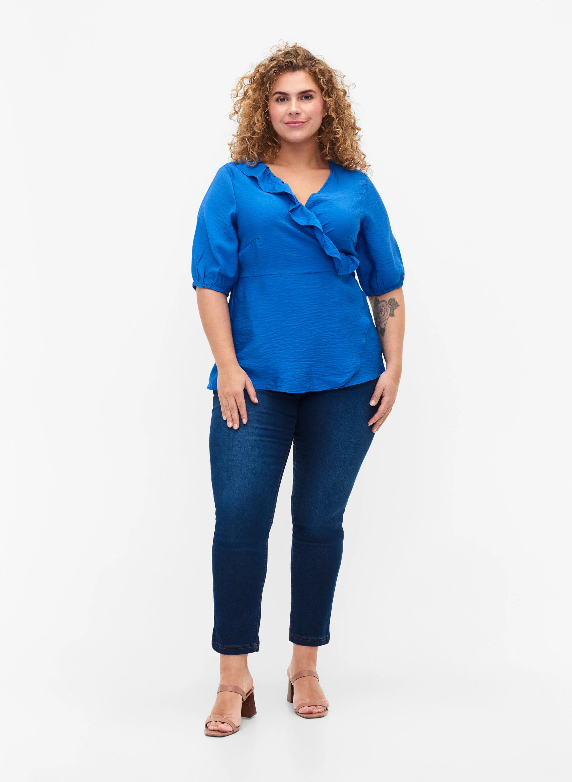 Wrap bluse i viskose med 1/2 ærmer