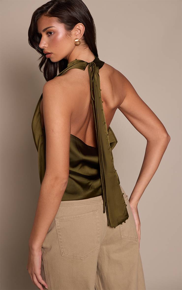 Vert Olive Haut Dos Cache-cœur En Satin Col Licou