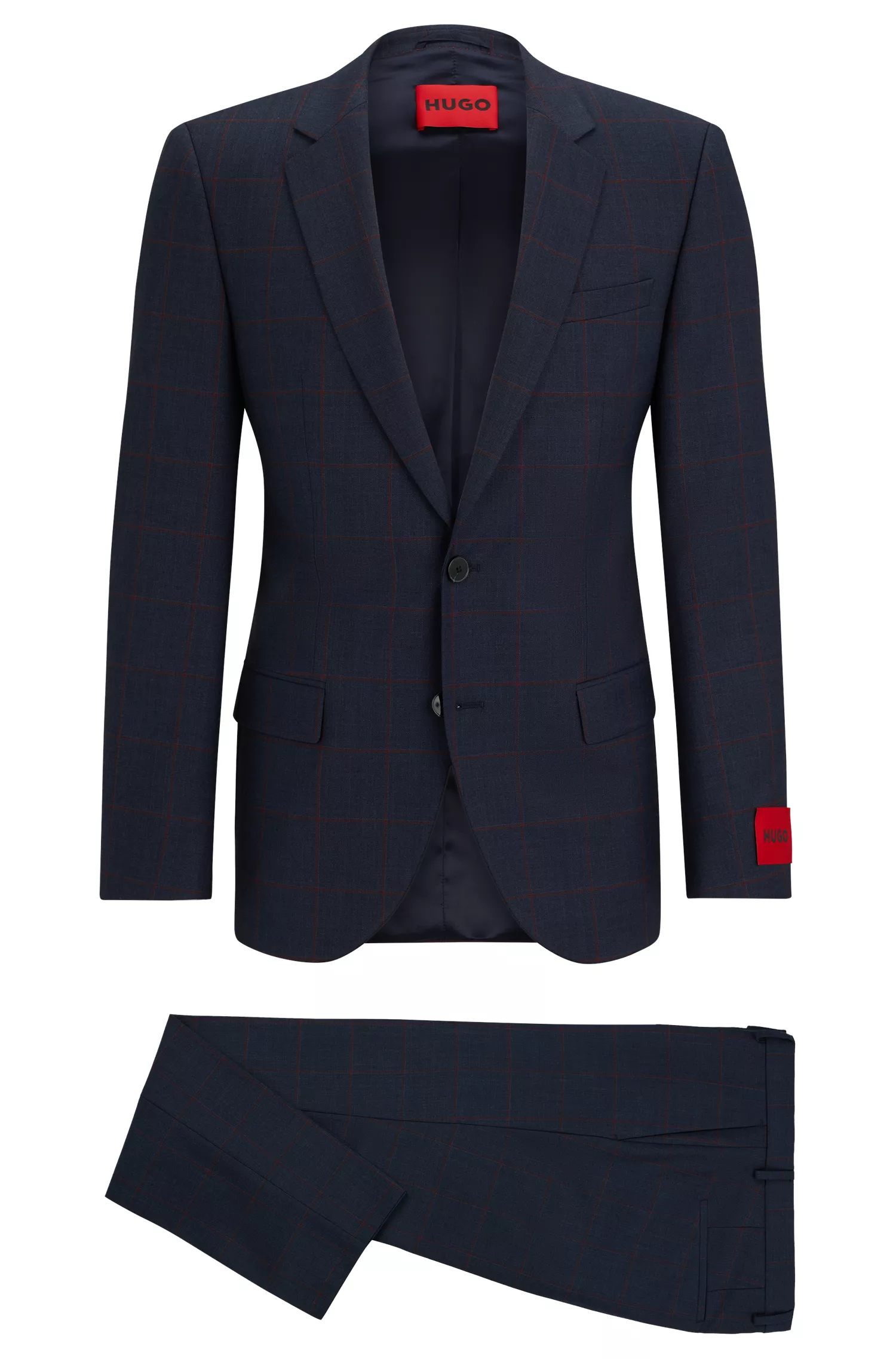 Terno slim fit xadrez vermelho HUGO em mistura de lã elástica.
