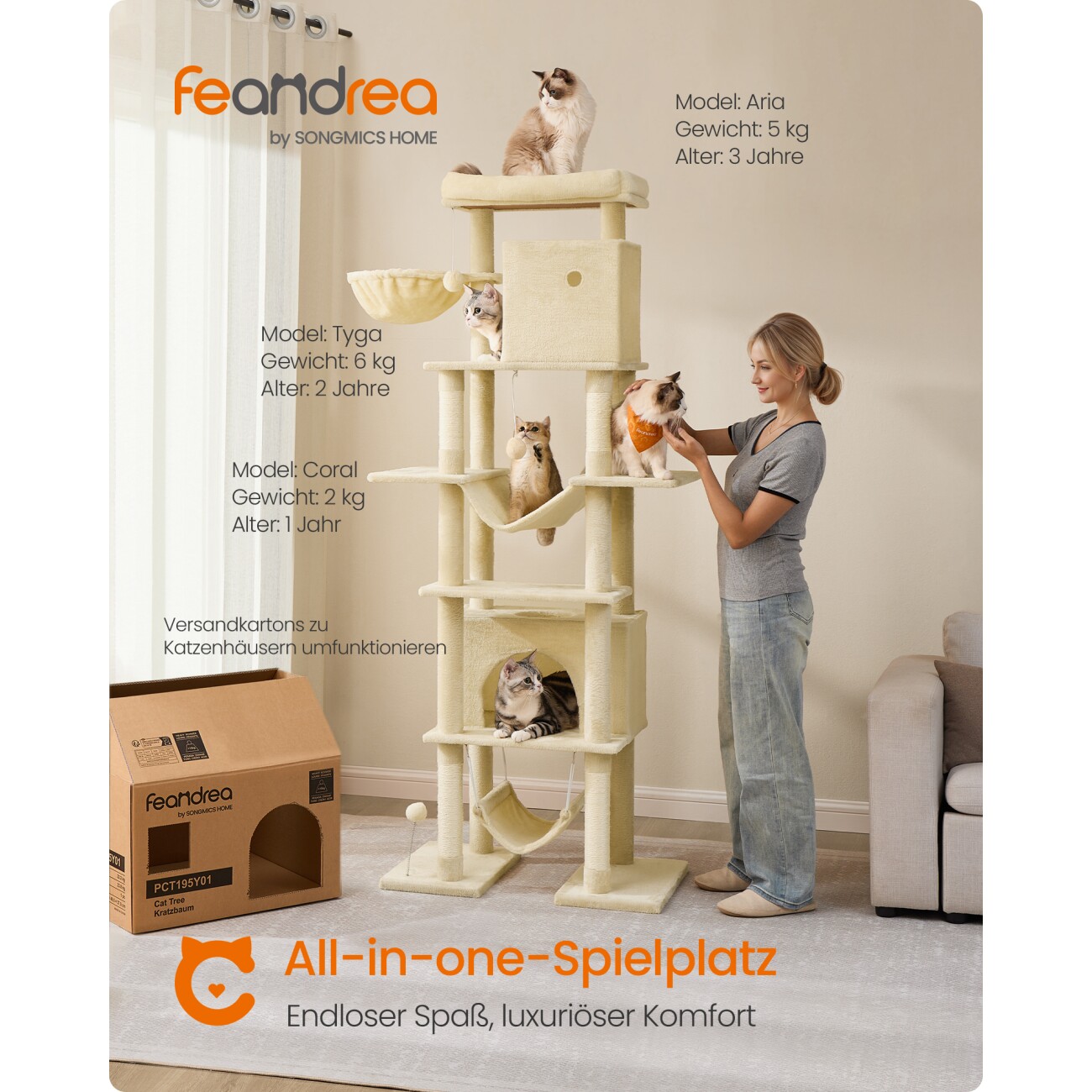 FEANDREA Kratzbaum groß 201cm mehrstöckiger Katzenbaum beige
