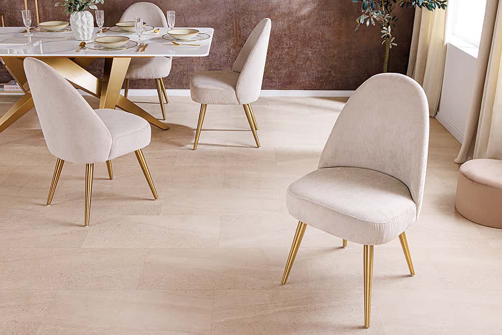 Retro Stuhl MIA CASA beige Cord champagner gold brushed Metall