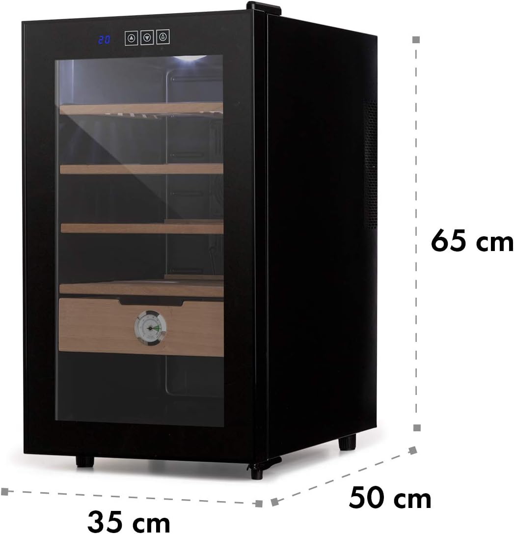 Klarstein El Presidente Zigarren Humidor - thermoelektrischer Humidor Schrank mit Glastür, Humidor Befeuchter mit Einschüben aus Zedernholz, Hygrometer, LED-Innenbeleuchtung, 23 Liter, schwarz