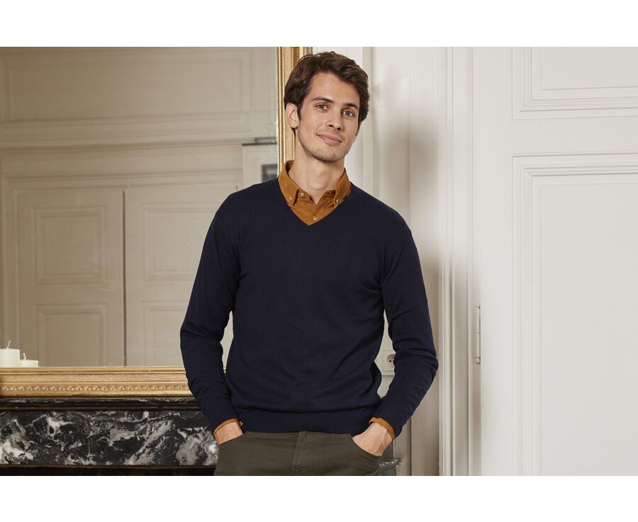 Pull fin homme col V coton/cachemire Bleu marine - VALTON