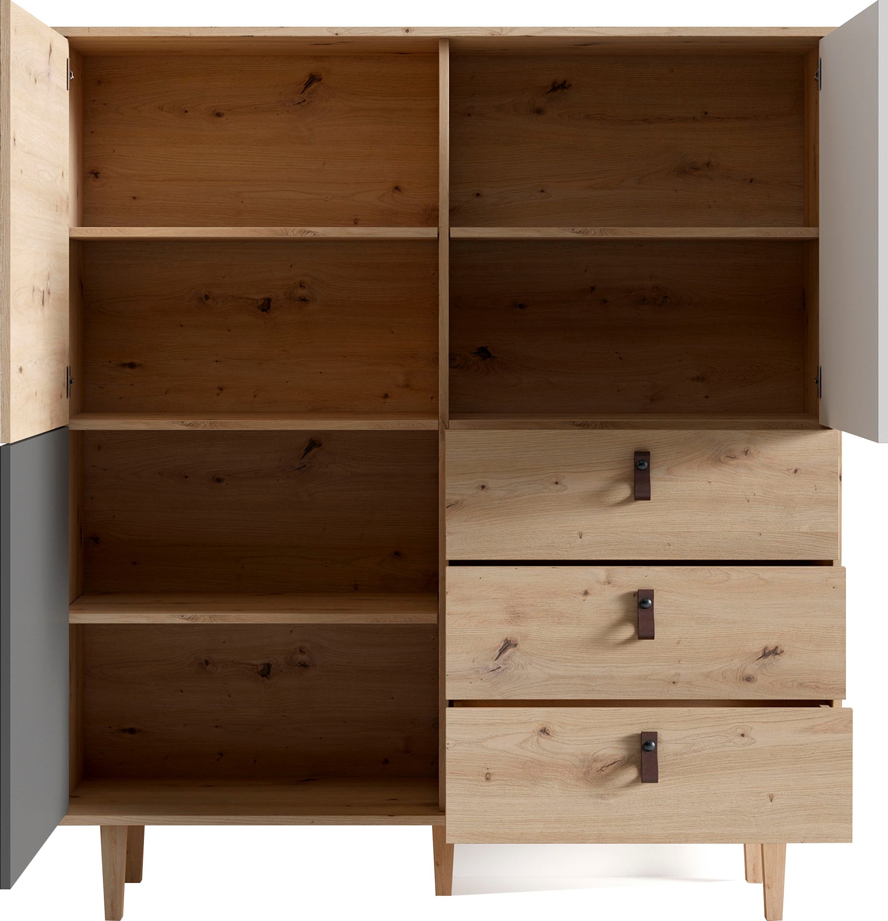 INOSIGN Highboard »Bill, mit drei Schubkästen und drei Türen,« 120cm Breit mit verstellbaren Einlegeböden, massive Holzbeine