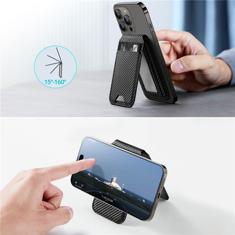 HaloLock Magnetische MagSafe iPhone Echtleder Wallet Kreditkarten Halterung in Carbon Optik   Kickstand Aufsteller - Schwarz