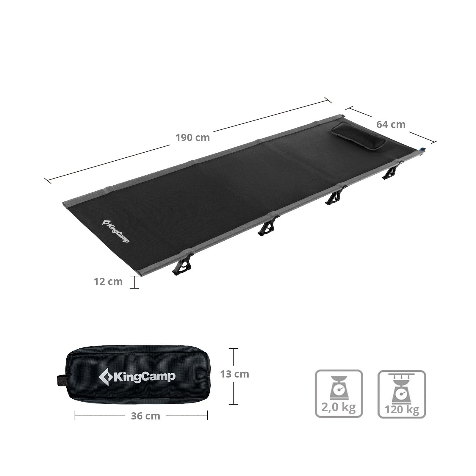 KINGCAMP Alu Feld Bett XL Outdoor Klick Klappbett Camping Liege Leicht 190x64 cm Farbe: schwarz