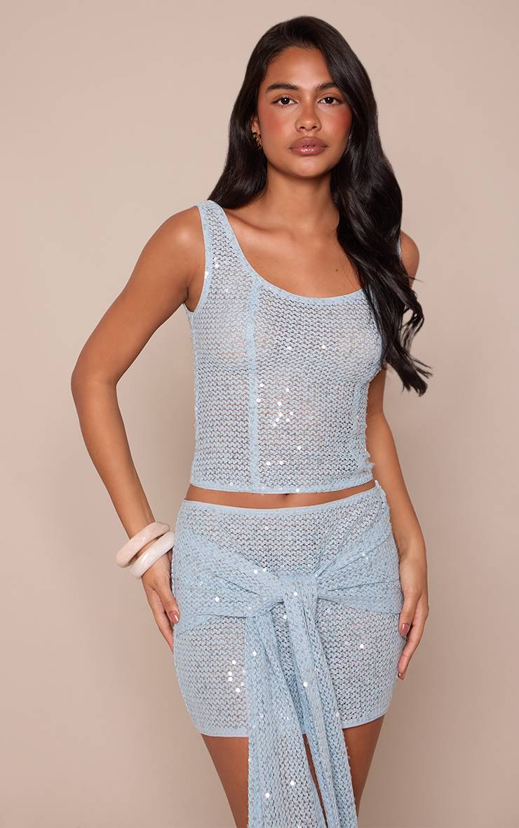 Bleu Layette Jupe Courte Drapée Portefeuille À Sequins Texturés Coordonné