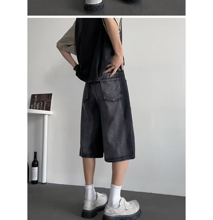 Diphon - Mid Rise Washed Distressed Denim Shorts