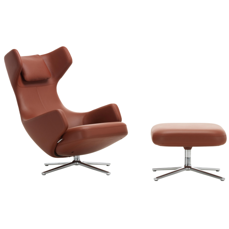 Vitra Grand Repos loungestoel met Ottoman, Leder Premium brandy