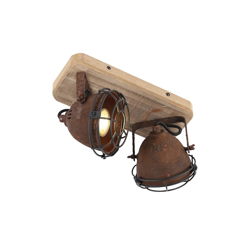 Industriële spot roestbruin met hout kantelbaar 2-lichts - Gina