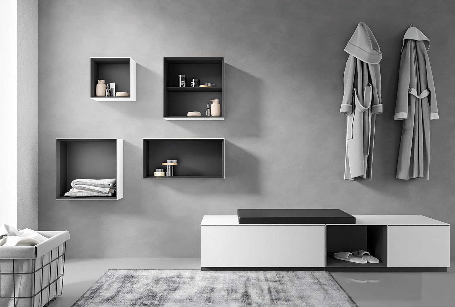 BERNSTEIN® Sitzbank Arctic - Open Storage Links, 90 x 40 x 36 cm (B x T x H), mit Schublade mit Push-Open Mechanismus Badmöbel-Serie Arctic, Softtouch Oberfläche, Badezimmer Hocker, Vormontiert