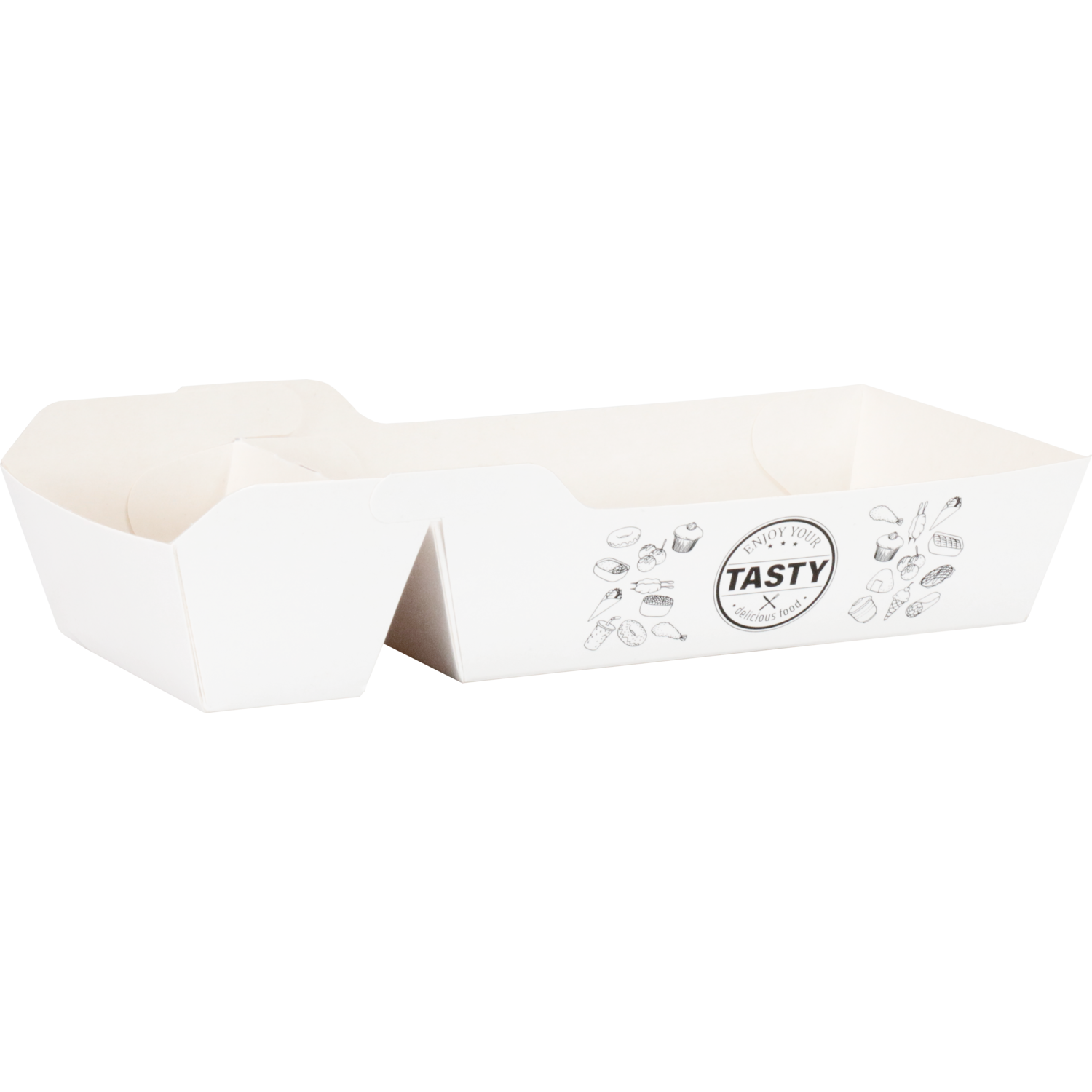 Bak, Karton + kleicoating, A22, TASTY, snackbak, 150x70x35mm, wit