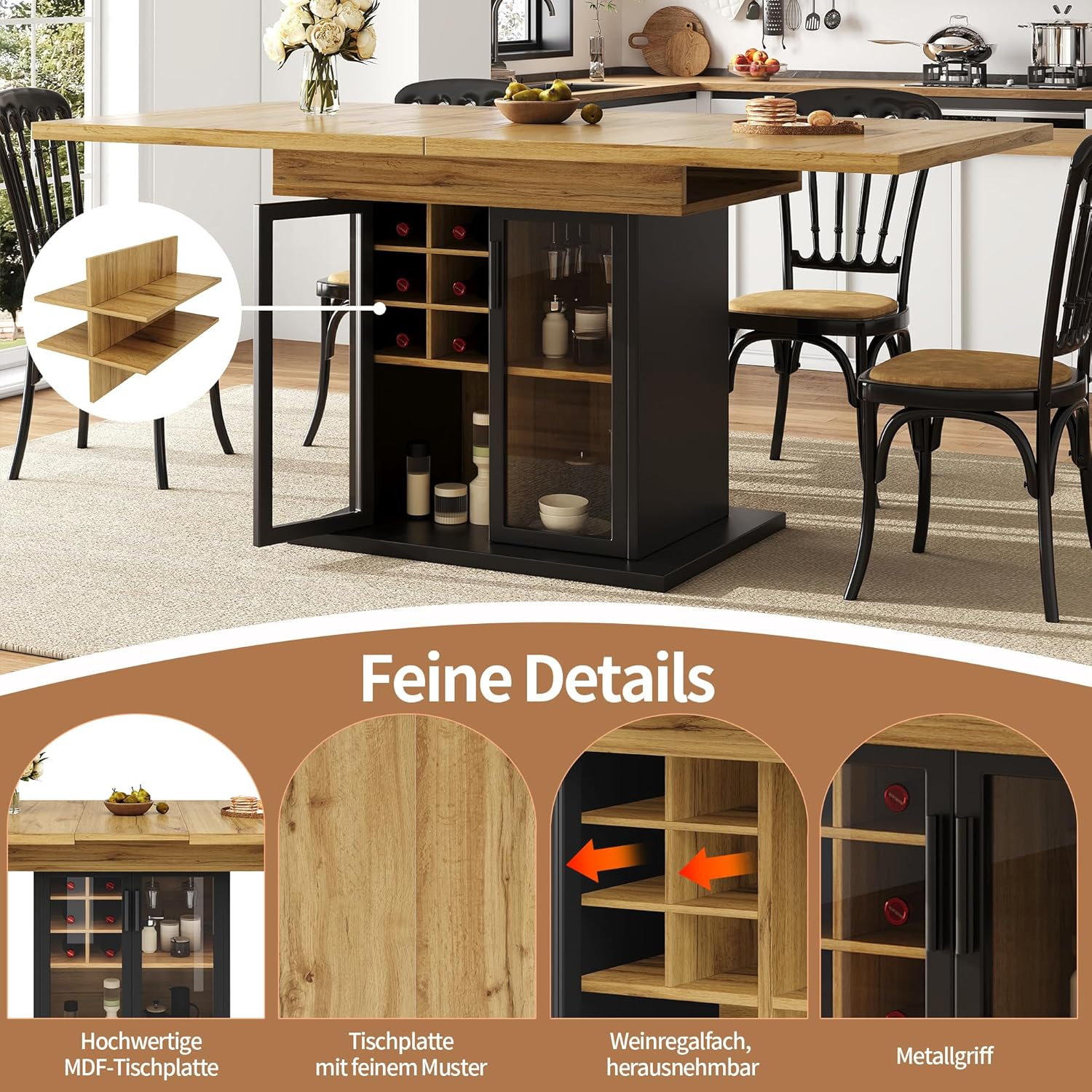 Esstisch Ausziehbar(110-140 * 80cm), Teleskoptisch für 4-6 Personen, Esstisch mit Stauraum, Esszimmertische mit Weinregal und Braune Glastür für Küche und Wohnzimmer, Schwarz（Keine Stühle）