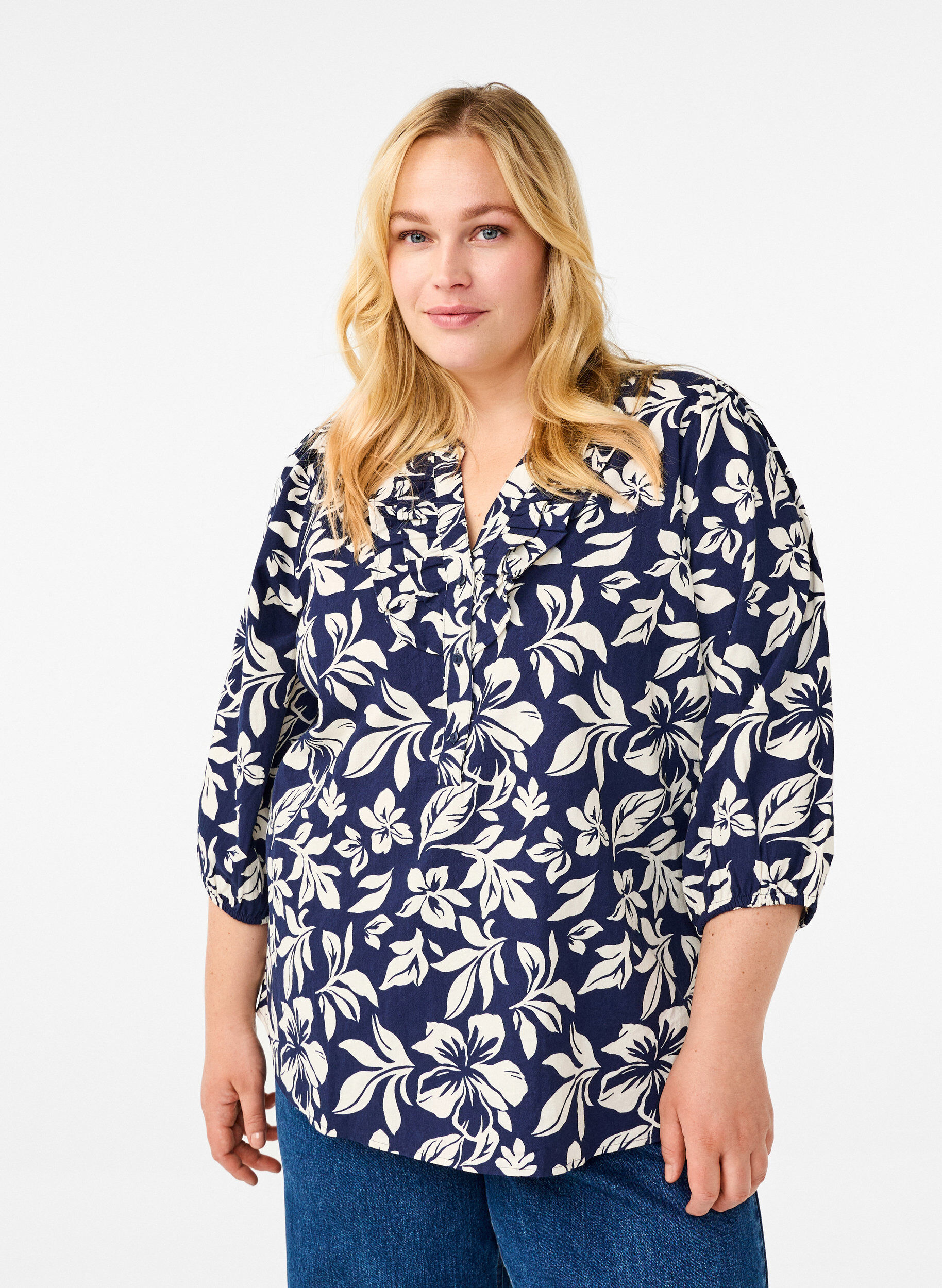 3/4 ærmet bluse i bomuld med print