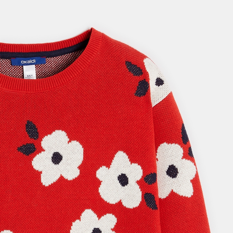 Pull jacquard à fleurs bleu fille