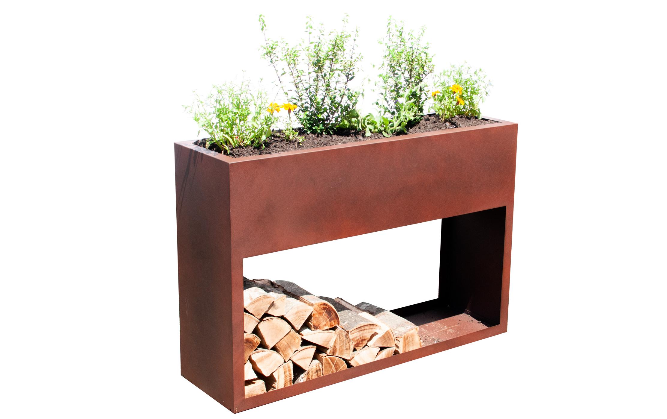 Hochbeet mit Regal Rostbraun<br>Blumenkiste mit Kaminholzregal