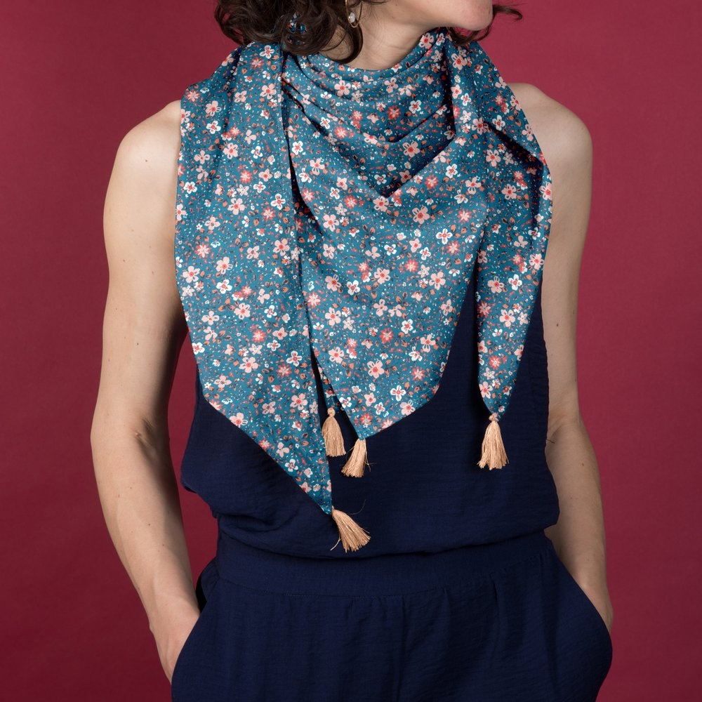 Foulard Pompon Fleuri Nude Ardoise