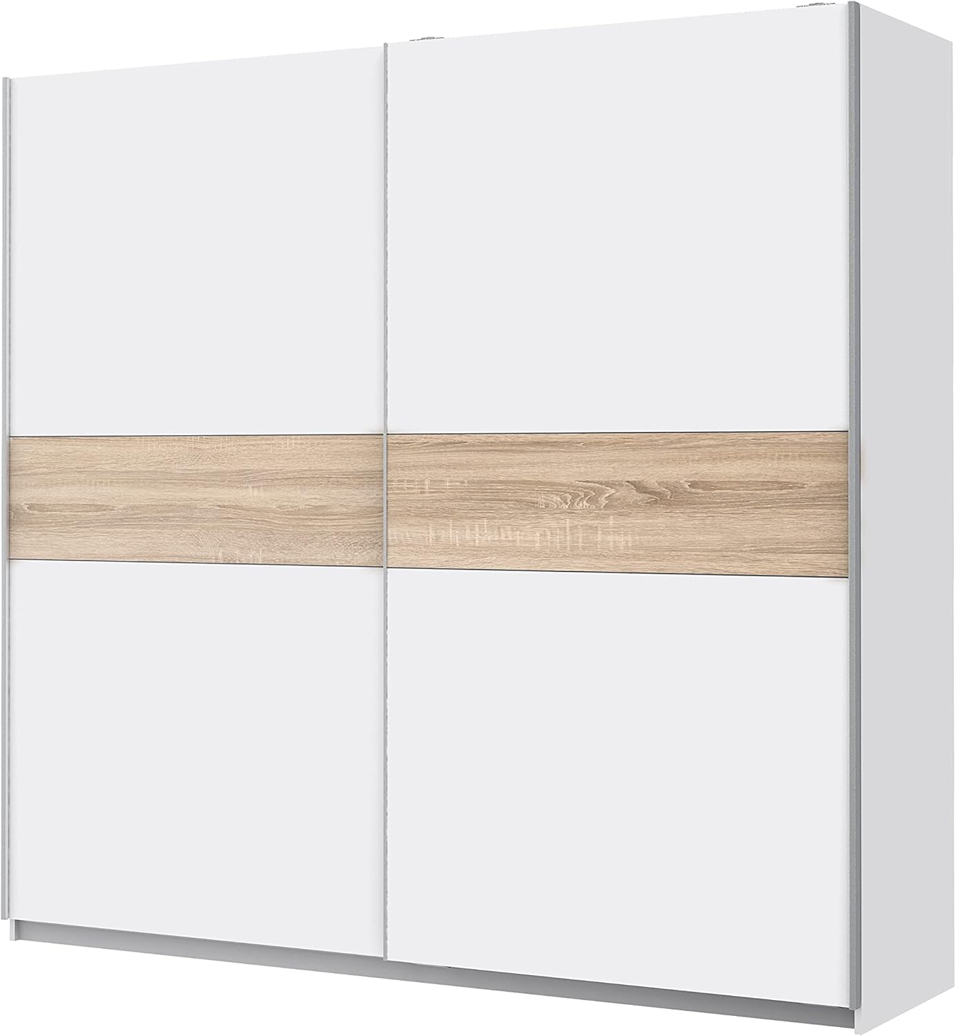 FORTE WINNER PLUS Schrank 220, Kleiderschrank Schwebetürenschrank Skandinavisch Schlafzimmer 2-türig Einlegeböden Kleiderstange, Weiß / Holzdekor: Sonoma Eiche, 220 cm breit x 210 cm hoch x 61 cm tief
