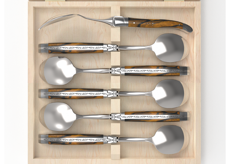Service de 6 petites cuillères Laguiole avec un manche en bois d'ébène royal et mitres en acier inoxydable