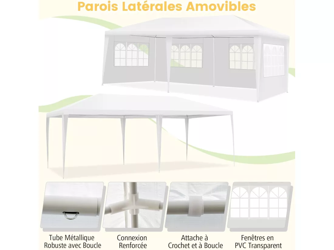 Tonnelle de Jardin 3x6M, Pavillon de Tente avec 4 Parois Amovibles, Piquets de Terre, Sac de Transport et Fenêtre sur Côté, pour Fête/Mariage/BBQ, Blanc
