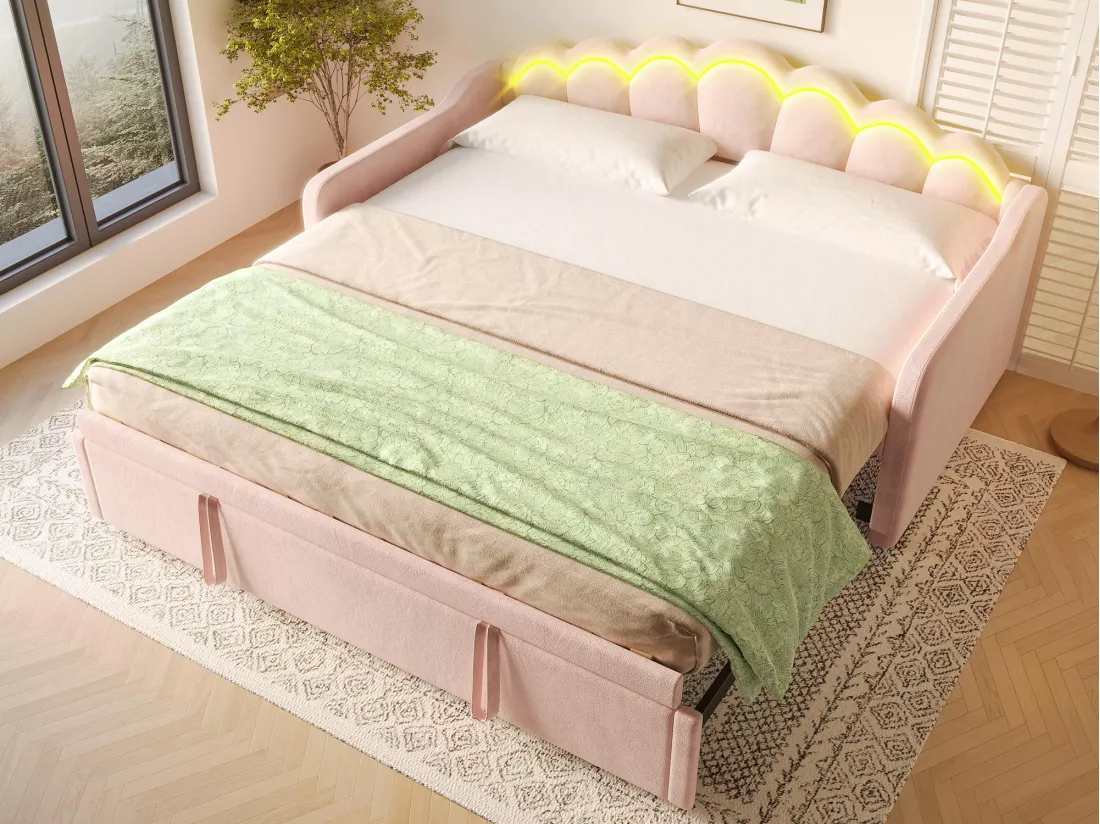 Canapé-lit 90x200/180x200 cm - avec lit gigogne - avec bande lumineuse LED - velours - rose (matelas non inclus)